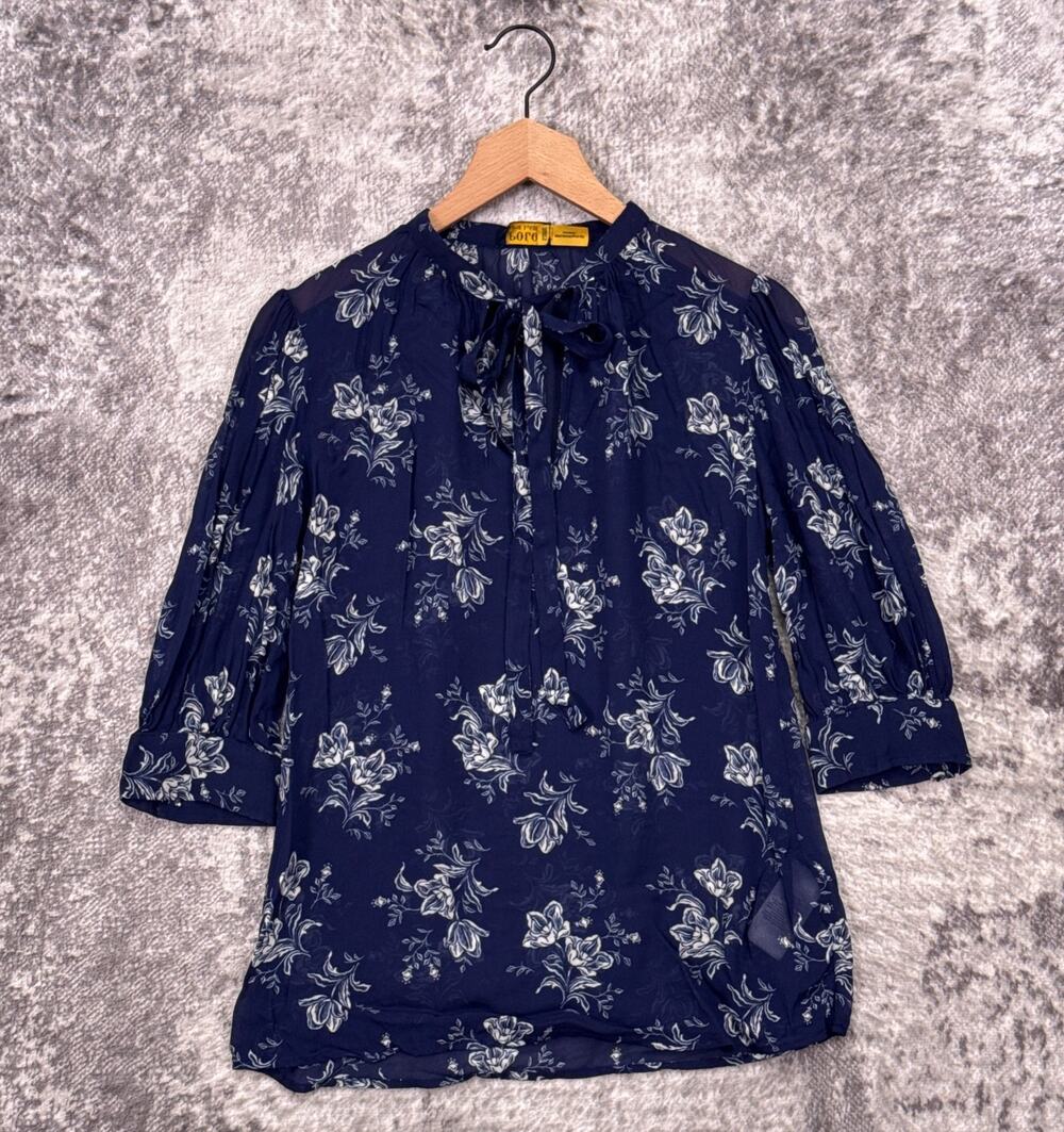 Polo Ralph Lauren Blouse Small Womens Blue Floral Tie Neck Viscose Chiffon